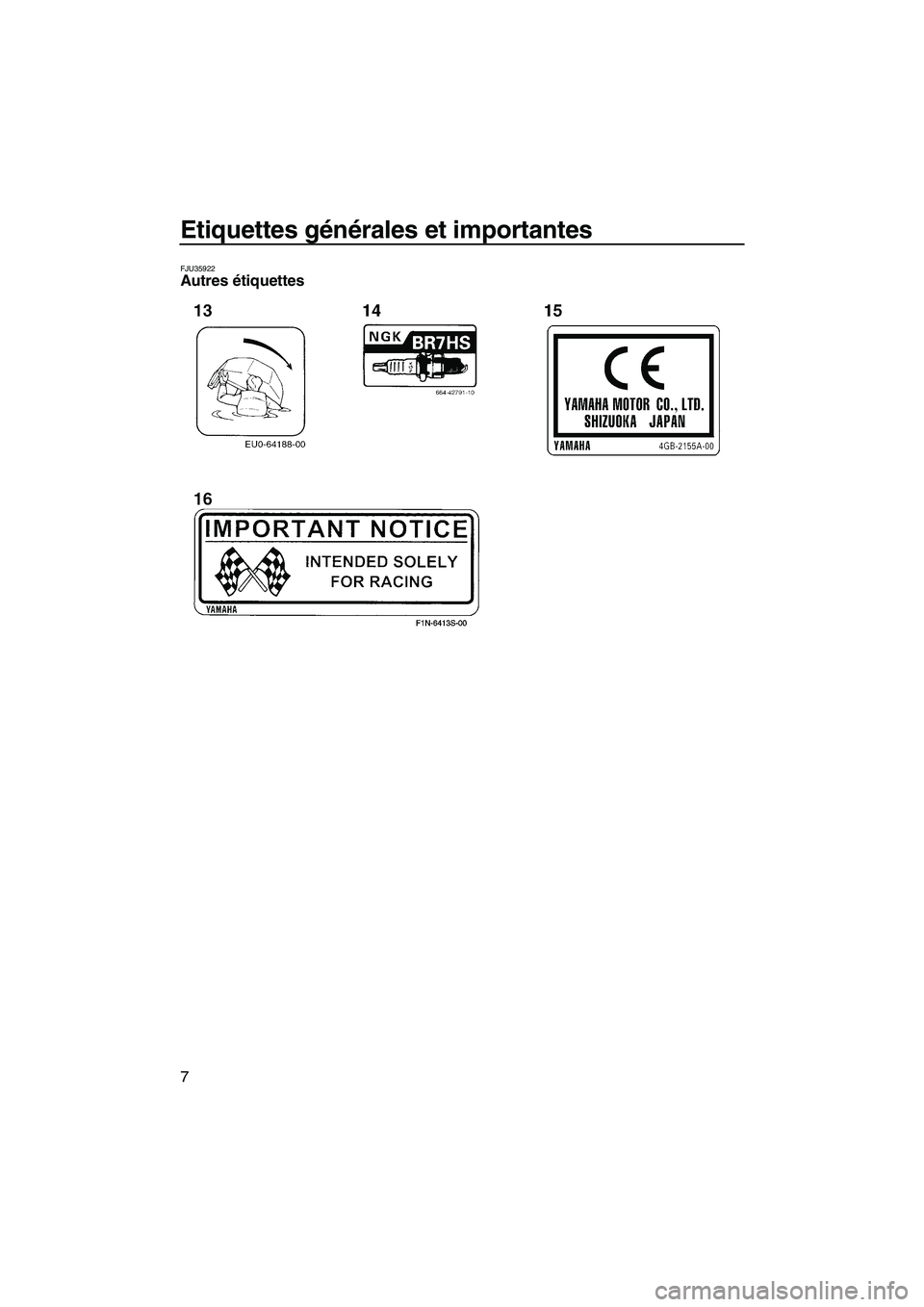YAMAHA SUPERJET 2008  Notices Demploi (in French) Etiquettes générales et importantes
7
FJU35922Autres étiquettes 
UF2F70F0.book  Page 7  Tuesday, April 17, 2007  10:04 AM 