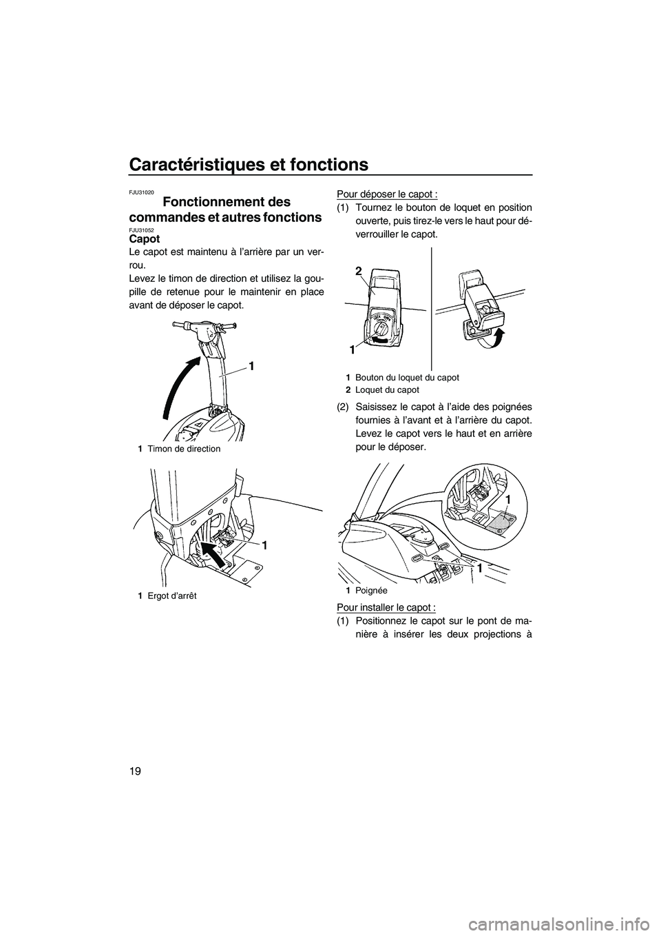 YAMAHA SUPERJET 2008  Notices Demploi (in French) Caractéristiques et fonctions
19
FJU31020
Fonctionnement des 
commandes et autres fonctions 
FJU31052Capot 
Le capot est maintenu à l’arrière par un ver-
rou.
Levez le timon de direction et utili