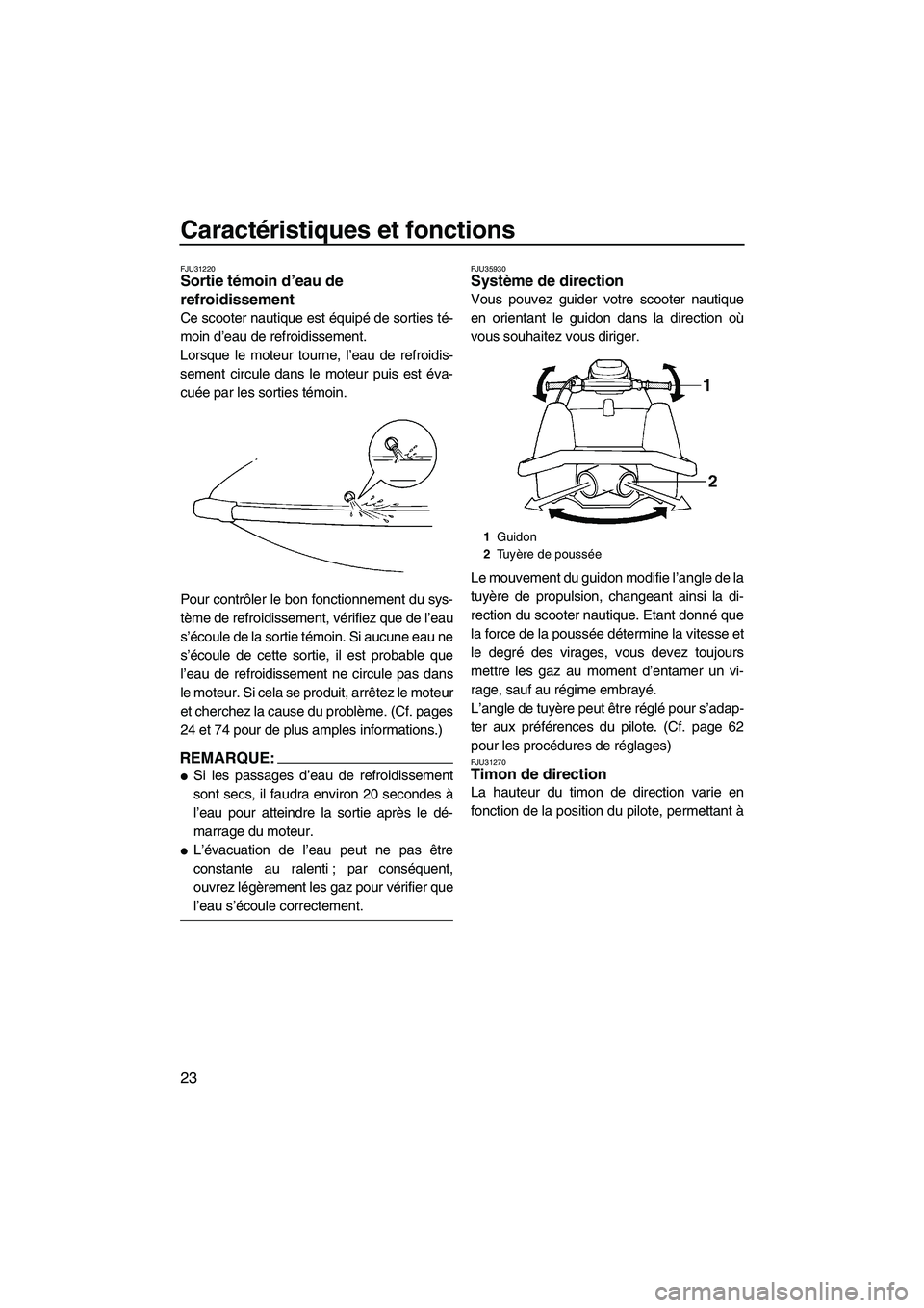 YAMAHA SUPERJET 2008  Notices Demploi (in French) Caractéristiques et fonctions
23
FJU31220Sortie témoin d’eau de 
refroidissement 
Ce scooter nautique est équipé de sorties té-
moin d’eau de refroidissement.
Lorsque le moteur tourne, l’ea