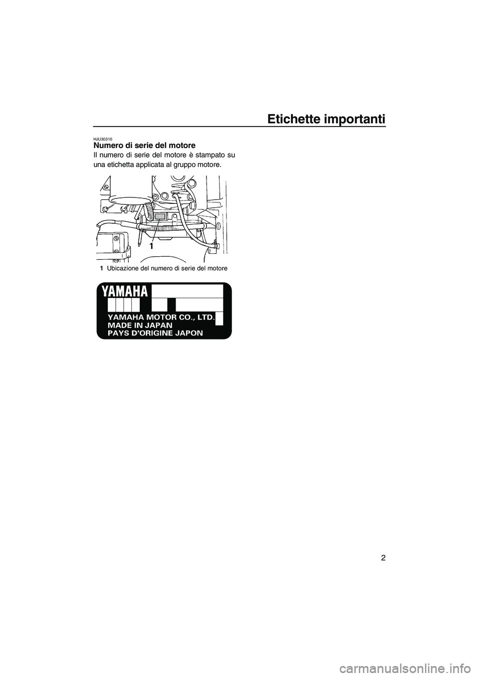 YAMAHA SUPERJET 2008 Manuale duso (in Italian) Etichette importanti
2
HJU30310Numero di serie del motore
Il numero di serie del motore è stampato su
una etichetta applicata al gruppo motore.
1Ubicazione del numero di serie del motore
UF2F70H0.bo YAMAHA SUPERJET 2008 Manuale duso (in Italian) Etichette importanti
2
HJU30310Numero di serie del motore
Il numero di serie del motore è stampato su
una etichetta applicata al gruppo motore.
1Ubicazione del numero di serie del motore
UF2F70H0.bo