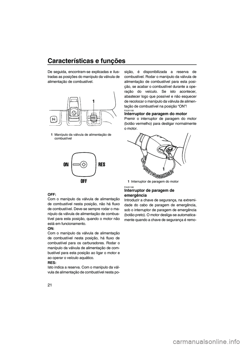 YAMAHA SUPERJET 2008  Manual de utilização (in Portuguese) Características e funções
21
De seguida, encontram-se explicadas e ilus-
tradas as posições do manípulo da válvula de
alimentação de combustível.
OFF:
Com o manípulo da válvula de alimenta