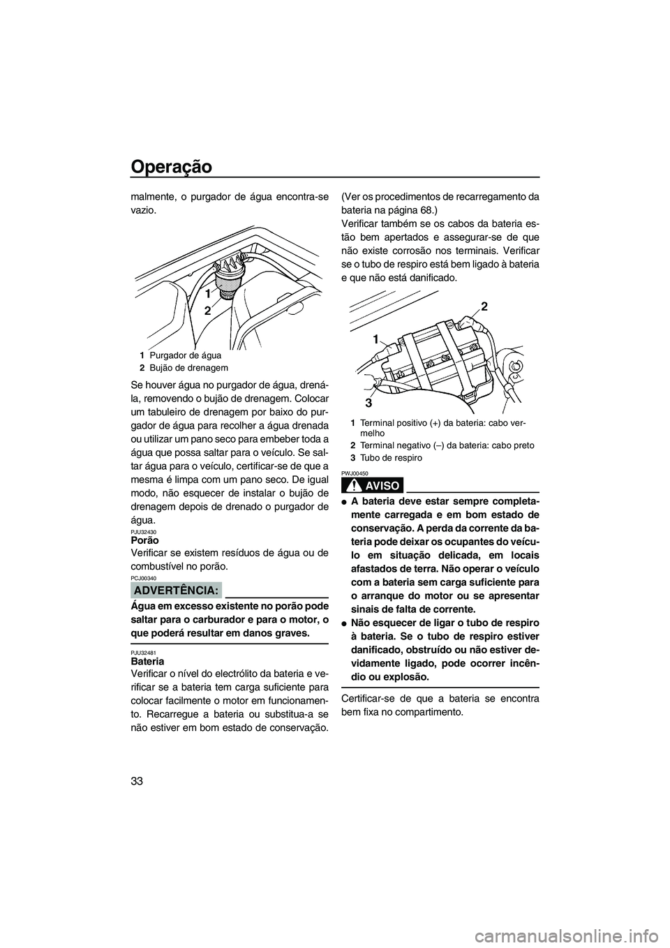 YAMAHA SUPERJET 2008  Manual de utilização (in Portuguese) Operação
33
malmente, o purgador de água encontra-se
vazio.
Se houver água no purgador de água, drená-
la, removendo o bujão de drenagem. Colocar
um tabuleiro de drenagem por baixo do pur-
gado