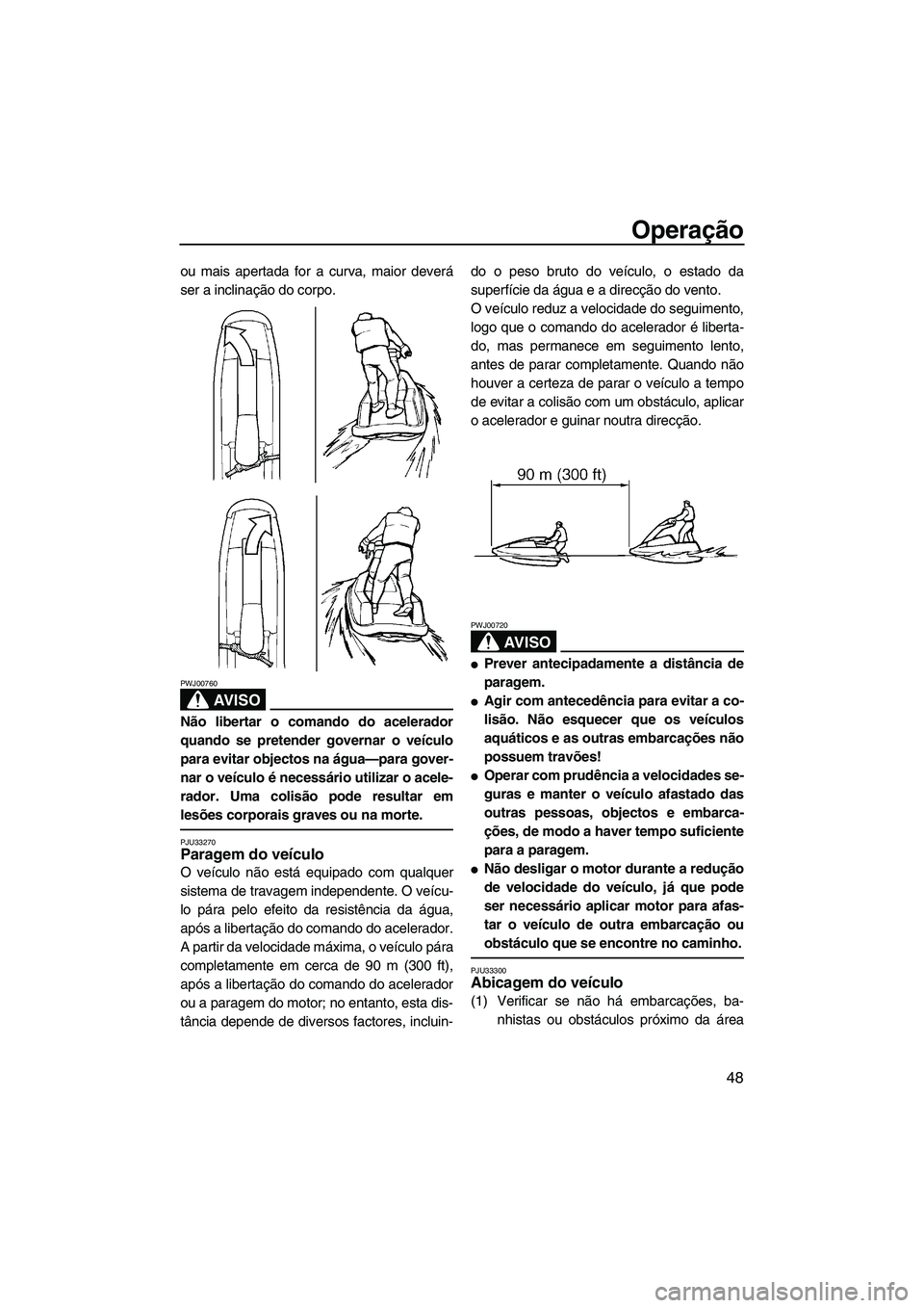 YAMAHA SUPERJET 2008 Manual de utilização (in Portuguese) Operação
48
ou mais apertada for a curva, maior deverá
ser a inclinação do corpo.
AV I S O
PWJ00760
Não libertar o comando do acelerador
quando se pretender governar o veículo
para evitar objec YAMAHA SUPERJET 2008 Manual de utilização (in Portuguese) Operação
48
ou mais apertada for a curva, maior deverá
ser a inclinação do corpo.
AV I S O
PWJ00760
Não libertar o comando do acelerador
quando se pretender governar o veículo
para evitar objec