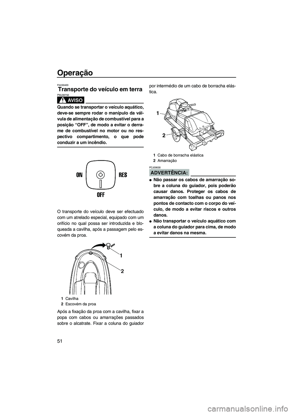 YAMAHA SUPERJET 2008 Manual de utilização (in Portuguese) Operação
51
PJU33420
Transporte do veículo em terra
AV I S O
PWJ00750
Quando se transportar o veículo aquático,
deve-se sempre rodar o manípulo da vál-
vula de alimentação de combustível pa YAMAHA SUPERJET 2008 Manual de utilização (in Portuguese) Operação
51
PJU33420
Transporte do veículo em terra
AV I S O
PWJ00750
Quando se transportar o veículo aquático,
deve-se sempre rodar o manípulo da vál-
vula de alimentação de combustível pa