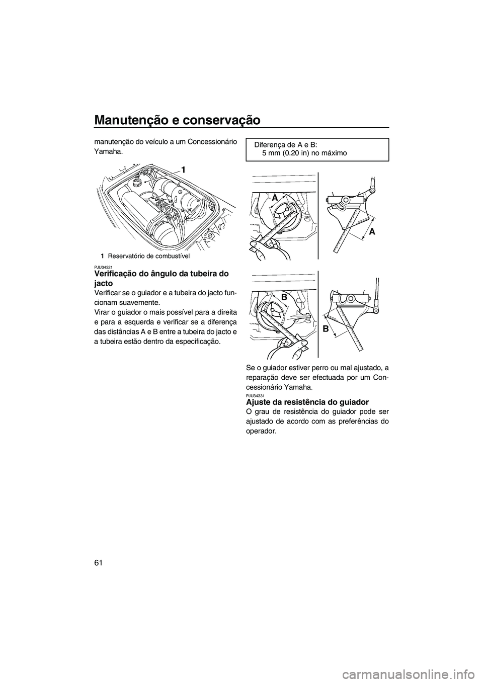 YAMAHA SUPERJET 2008  Manual de utilização (in Portuguese) Manutenção e conservação
61
manutenção do veículo a um Concessionário
Yamaha.
PJU34321Verificação do ângulo da tubeira do 
jacto 
Verificar se o guiador e a tubeira do jacto fun-
cionam sua