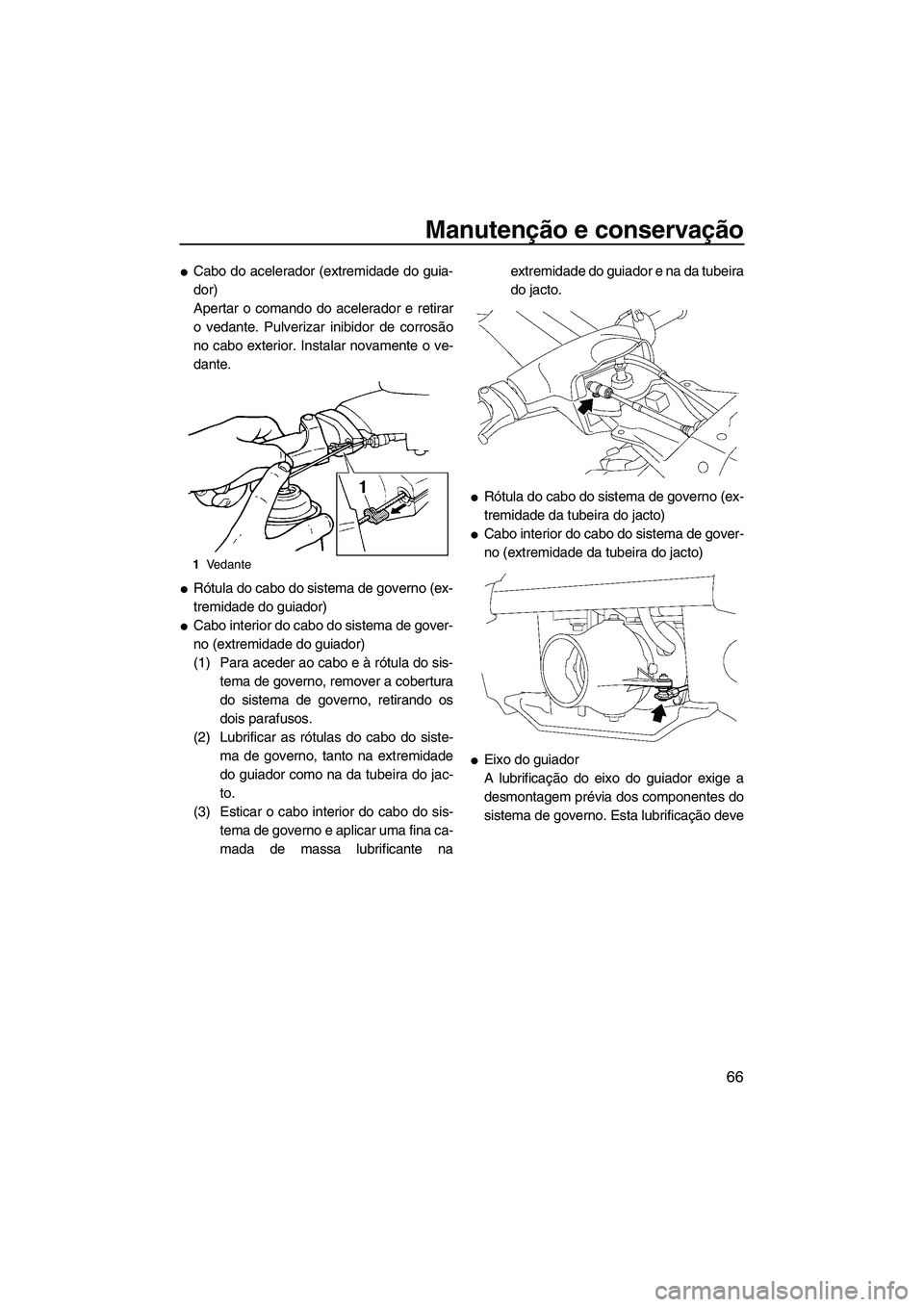 YAMAHA SUPERJET 2008  Manual de utilização (in Portuguese) Manutenção e conservação
66
Cabo do acelerador (extremidade do guia-
dor)
Apertar o comando do acelerador e retirar
o vedante. Pulverizar inibidor de corrosão
no cabo exterior. Instalar novament
