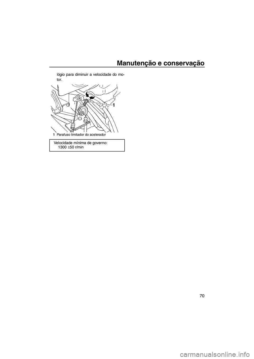 YAMAHA SUPERJET 2008  Manual de utilização (in Portuguese) Manutenção e conservação
70
lógio para diminuir a velocidade do mo-
tor.
1Parafuso limitador do acelerador
Velocidade mínima de governo:
1300 ±50 r/min
UF2F70P0.book  Page 70  Tuesday, April 17