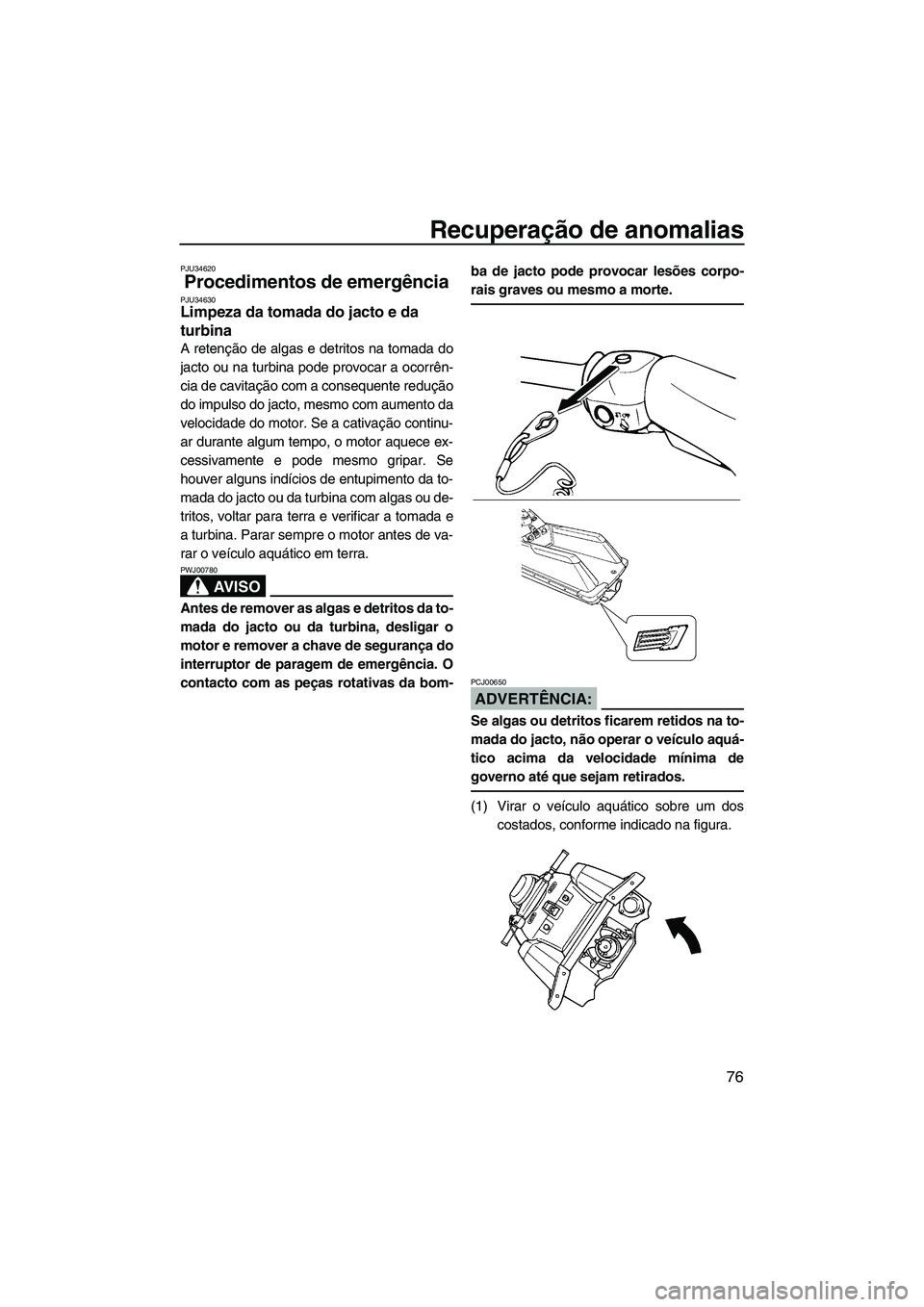 YAMAHA SUPERJET 2008  Manual de utilização (in Portuguese) Recuperação de anomalias
76
PJU34620
Procedimentos de emergência PJU34630Limpeza da tomada do jacto e da 
turbina 
A retenção de algas e detritos na tomada do
jacto ou na turbina pode provocar a 