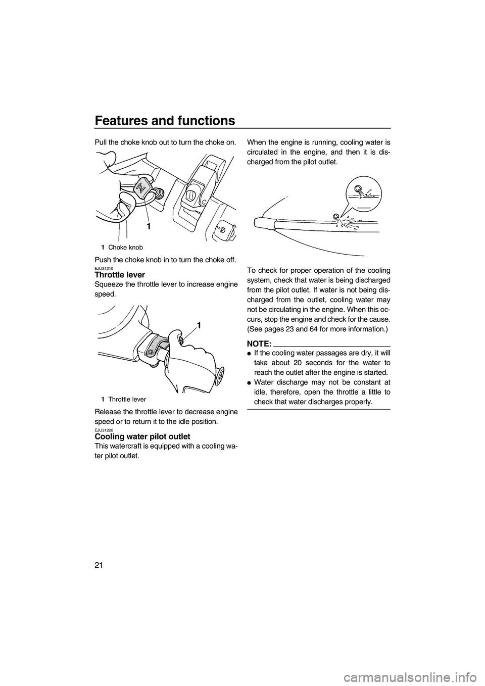 YAMAHA SUPERJET 2007 Owners Manual Features and functions
21
Pull the choke knob out to turn the choke on.
Push the choke knob in to turn the choke off.
EJU31210Throttle lever 
Squeeze the throttle lever to increase engine
speed.
Relea