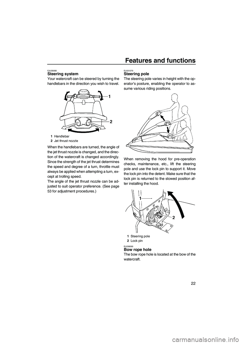 YAMAHA SUPERJET 2007 Owners Manual Features and functions
22
EJU35930Steering system 
Your watercraft can be steered by turning the
handlebars in the direction you wish to travel.
When the handlebars are turned, the angle of
the jet th