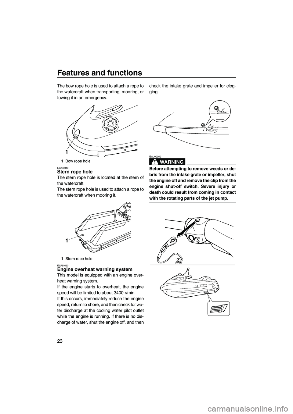 YAMAHA SUPERJET 2007  Owners Manual Features and functions
23
The bow rope hole is used to attach a rope to
the watercraft when transporting, mooring, or
towing it in an emergency.
EJU36010Stern rope hole 
The stern rope hole is located