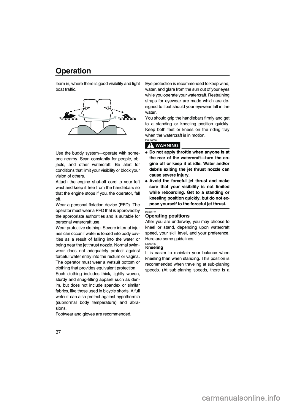 YAMAHA SUPERJET 2007  Owners Manual Operation
37
learn in, where there is good visibility and light
boat traffic.
Use the buddy system—operate with some-
one nearby. Scan constantly for people, ob-
jects, and other watercraft. Be aler