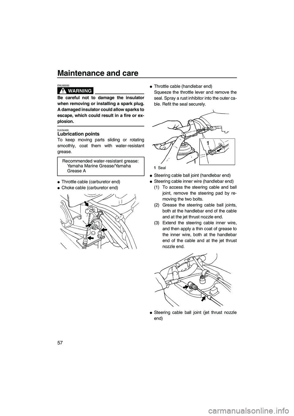 YAMAHA SUPERJET 2007 Repair Manual Maintenance and care
57
WARNING
EWJ00350
Be careful not to damage the insulator
when removing or installing a spark plug.
A damaged insulator could allow sparks to
escape, which could result in a fire