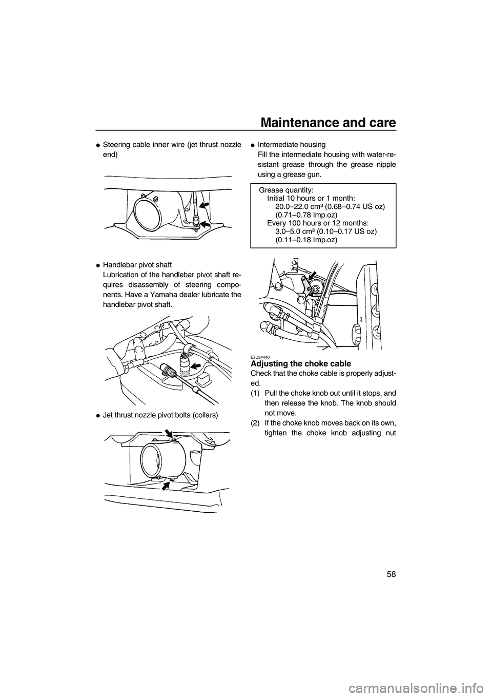 YAMAHA SUPERJET 2007 Repair Manual Maintenance and care
58
Steering cable inner wire (jet thrust nozzle
end)
Handlebar pivot shaft
Lubrication of the handlebar pivot shaft re-
quires disassembly of steering compo-
nents. Have a Yamah