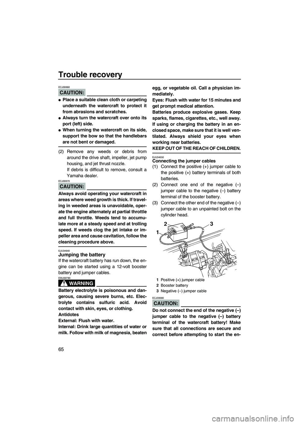 YAMAHA SUPERJET 2007 Manual PDF Trouble recovery
65
CAUTION:
ECJ00660
Place a suitable clean cloth or carpeting
underneath the watercraft to protect it
from abrasions and scratches.
Always turn the watercraft over onto its
port (l