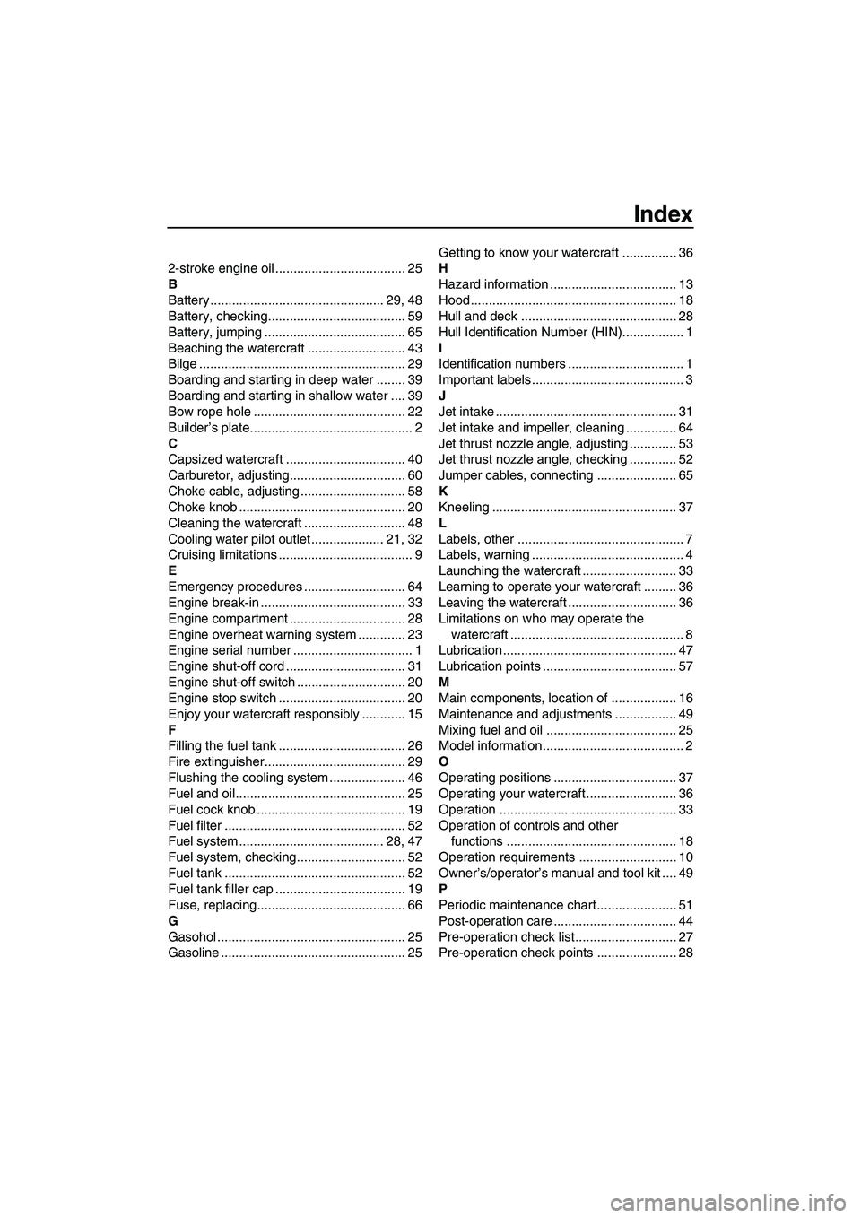 YAMAHA SUPERJET 2007  Owners Manual Index
2-stroke engine oil .................................... 25
B
Battery ................................................ 29, 48
Battery, checking...................................... 59
Battery, 