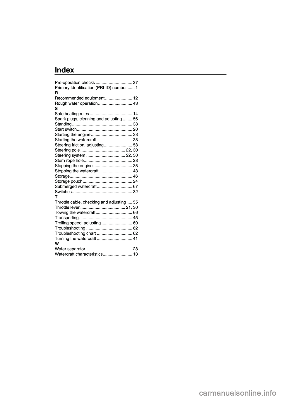 YAMAHA SUPERJET 2007 Manual PDF Index
Pre-operation checks ............................... 27
Primary Identification (PRI-ID) number ...... 1
R
Recommended equipment ....................... 12
Rough water operation .................