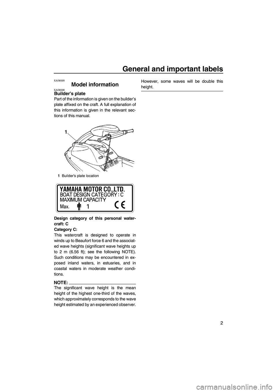 YAMAHA SUPERJET 2007 Owners Manual General and important labels
2
EJU30320
Model information EJU30330Builder’s plate
Part of the information is given on the builder’s
plate affixed on the craft. A full explanation of
this informat YAMAHA SUPERJET 2007 Owners Manual General and important labels
2
EJU30320
Model information EJU30330Builder’s plate
Part of the information is given on the builder’s
plate affixed on the craft. A full explanation of
this informat
