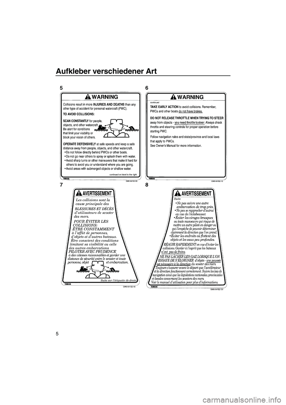 YAMAHA SUPERJET 2007  Betriebsanleitungen (in German) Aufkleber verschiedener Art
5
UF1N75G0.book  Page 5  Tuesday, May 16, 2006  1:27 PM 