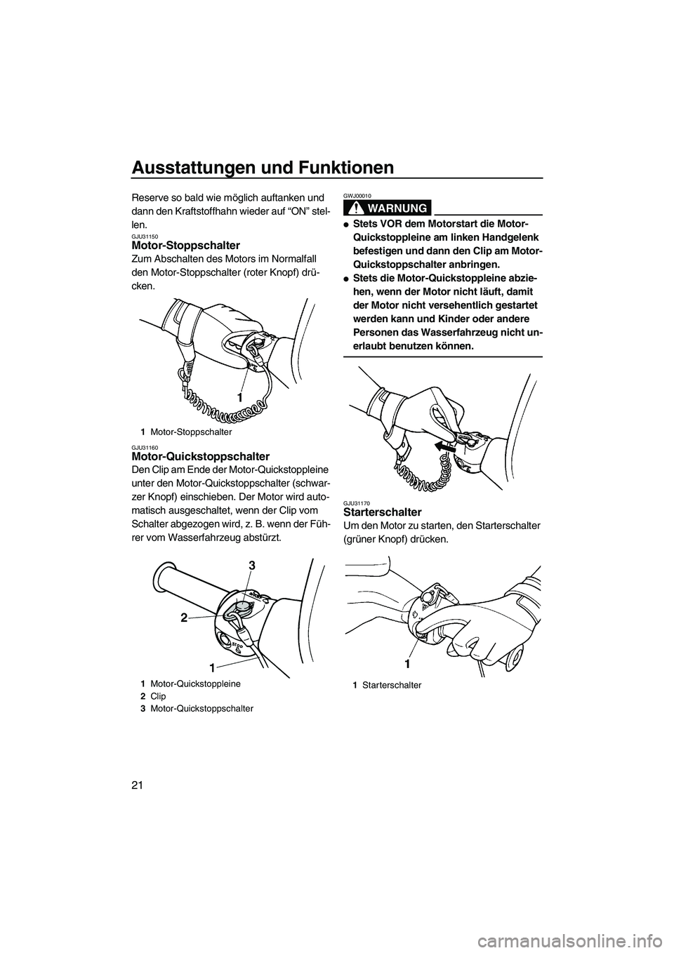 YAMAHA SUPERJET 2007  Betriebsanleitungen (in German) Ausstattungen und Funktionen
21
Reserve so bald wie möglich auftanken und 
dann den Kraftstoffhahn wieder auf “ON” stel-
len.
GJU31150Motor-Stoppschalter 
Zum Abschalten des Motors im Normalfall 