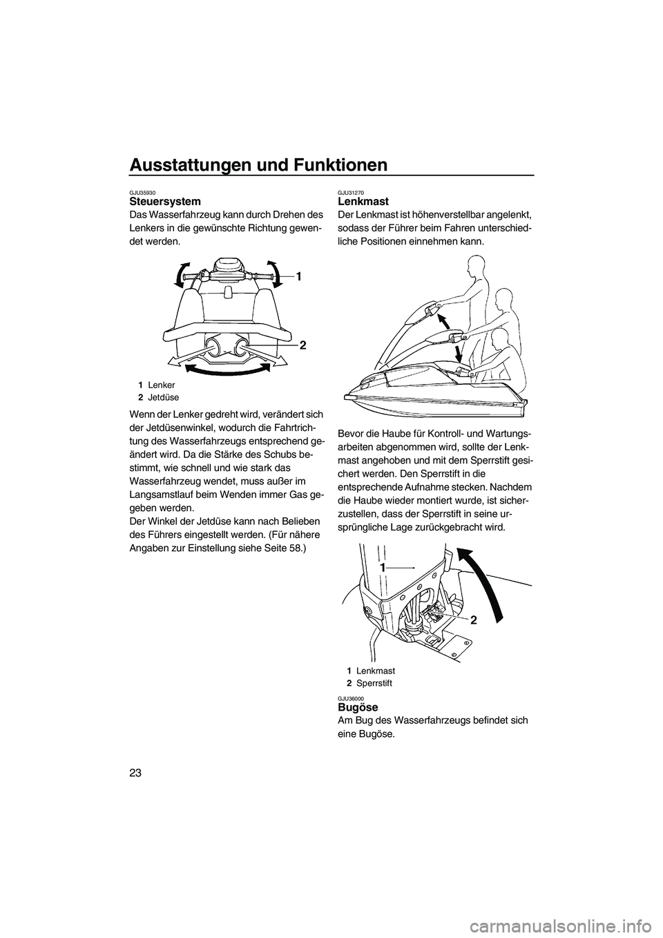 YAMAHA SUPERJET 2007  Betriebsanleitungen (in German) Ausstattungen und Funktionen
23
GJU35930Steuersystem 
Das Wasserfahrzeug kann durch Drehen des 
Lenkers in die gewünschte Richtung gewen-
det werden.
Wenn der Lenker gedreht wird, verändert sich 
de