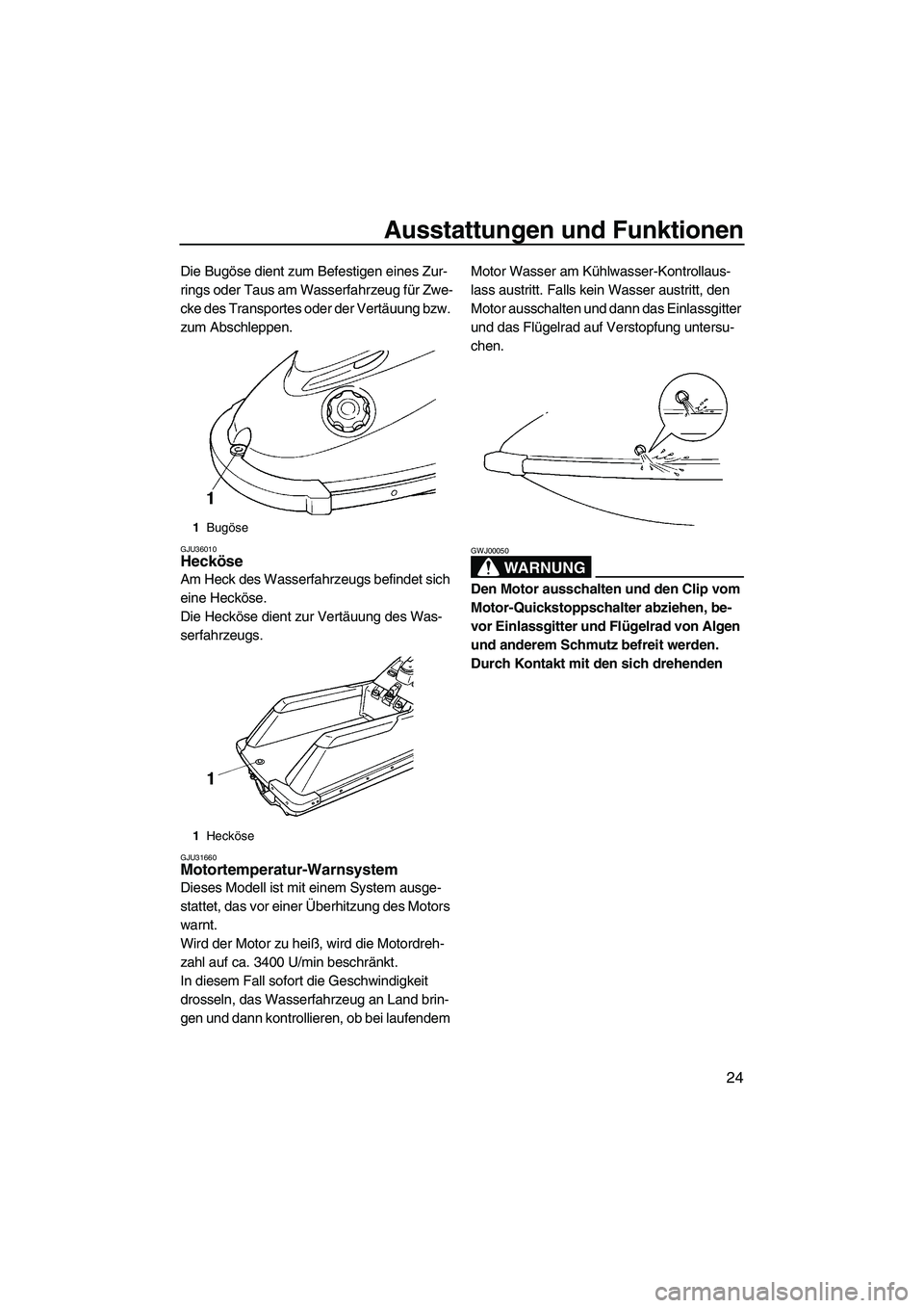 YAMAHA SUPERJET 2007  Betriebsanleitungen (in German) Ausstattungen und Funktionen
24
Die Bugöse dient zum Befestigen eines Zur-
rings oder Taus am Wasserfahrzeug für Zwe-
cke des Transportes oder der Vertäuung bzw. 
zum Abschleppen.
GJU36010Hecköse 