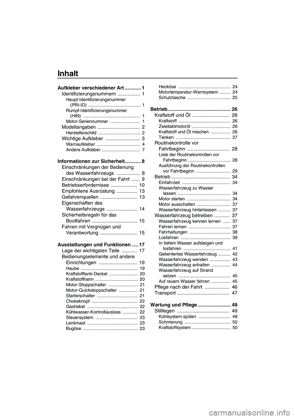 YAMAHA SUPERJET 2007  Betriebsanleitungen (in German) Inhalt
Aufkleber verschiedener Art ............ 1
Identifizierungsnummern ................  1
Haupt-Identifizierungsnummer 
(PRI-ID) ..........................................  1
Rumpf-Identifizierung