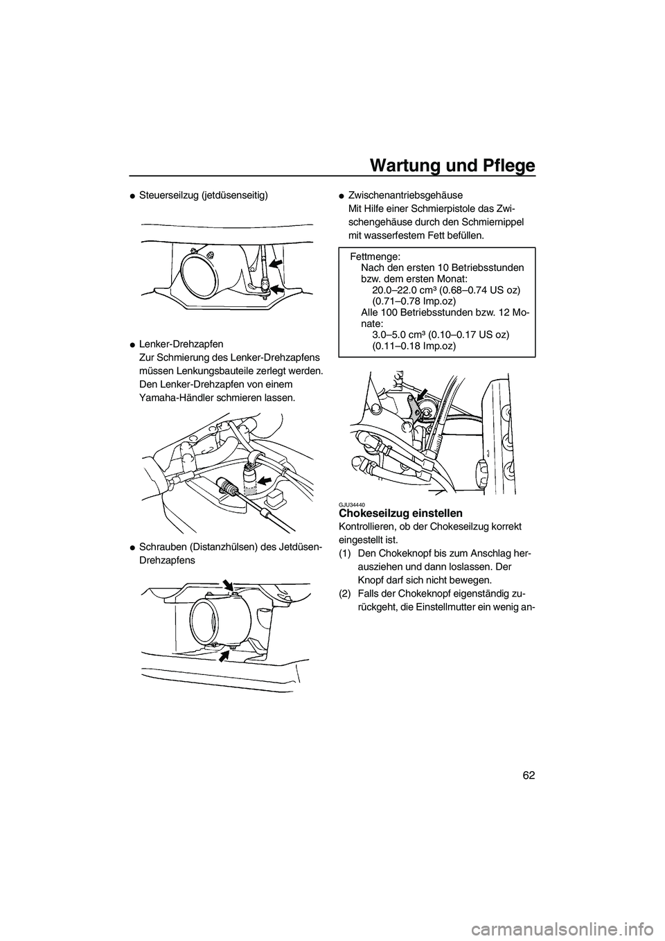 YAMAHA SUPERJET 2007  Betriebsanleitungen (in German) Wartung und Pflege
62
Steuerseilzug (jetdüsenseitig)
Lenker-Drehzapfen
Zur Schmierung des Lenker-Drehzapfens 
müssen Lenkungsbauteile zerlegt werden. 
Den Lenker-Drehzapfen von einem 
Yamaha-Händ