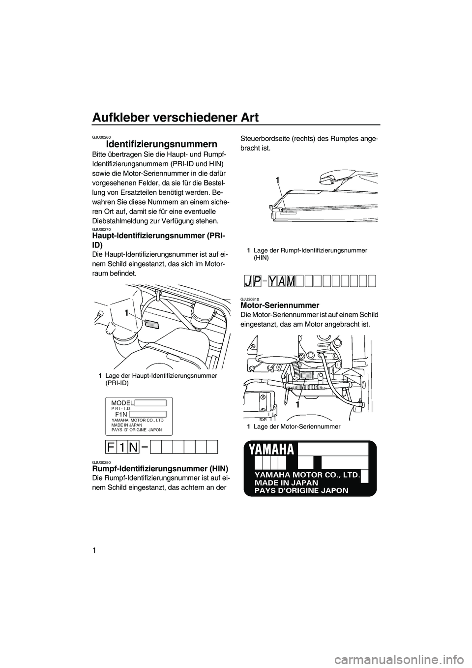 YAMAHA SUPERJET 2007 Betriebsanleitungen (in German) Aufkleber verschiedener Art
1
GJU30260
Identifizierungsnummern
Bitte übertragen Sie die Haupt- und Rumpf-
Identifizierungsnummern (PRI-ID und HIN)
sowie die Motor-Seriennummer in die dafür
vorges YAMAHA SUPERJET 2007 Betriebsanleitungen (in German) Aufkleber verschiedener Art
1
GJU30260
Identifizierungsnummern
Bitte übertragen Sie die Haupt- und Rumpf-
Identifizierungsnummern (PRI-ID und HIN)
sowie die Motor-Seriennummer in die dafür
vorges