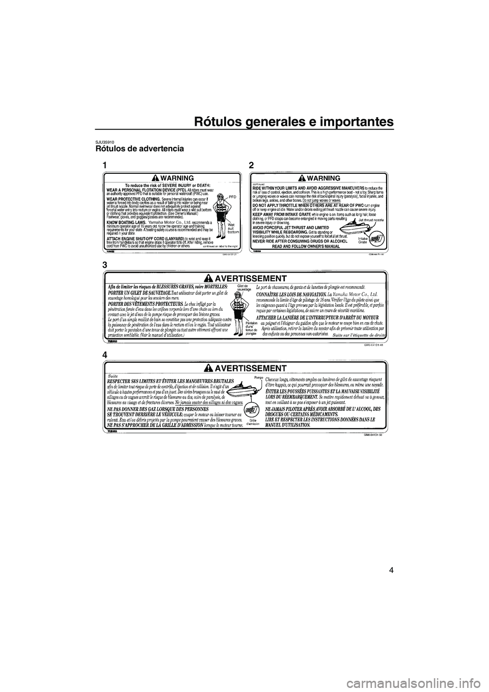 YAMAHA SUPERJET 2007  Manuale de Empleo (in Spanish) Rótulos generales e importantes
4
SJU35910Rótulos de advertencia 
UF1N75S0.book  Page 4  Tuesday, May 16, 2006  5:50 PM 
