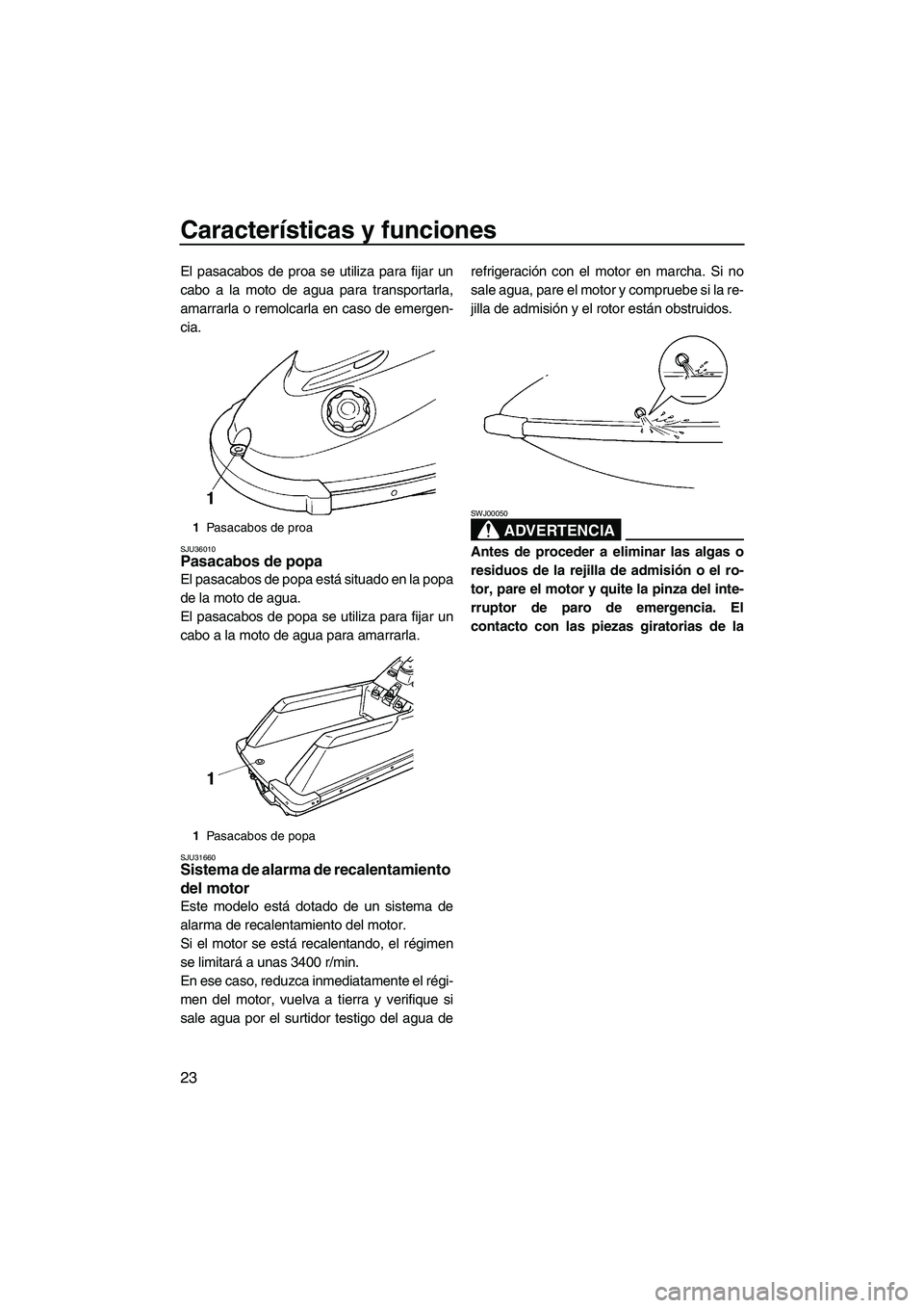 YAMAHA SUPERJET 2007  Manuale de Empleo (in Spanish) Características y funciones
23
El pasacabos de proa se utiliza para fijar un
cabo a la moto de agua para transportarla,
amarrarla o remolcarla en caso de emergen-
cia.
SJU36010Pasacabos de popa 
El p