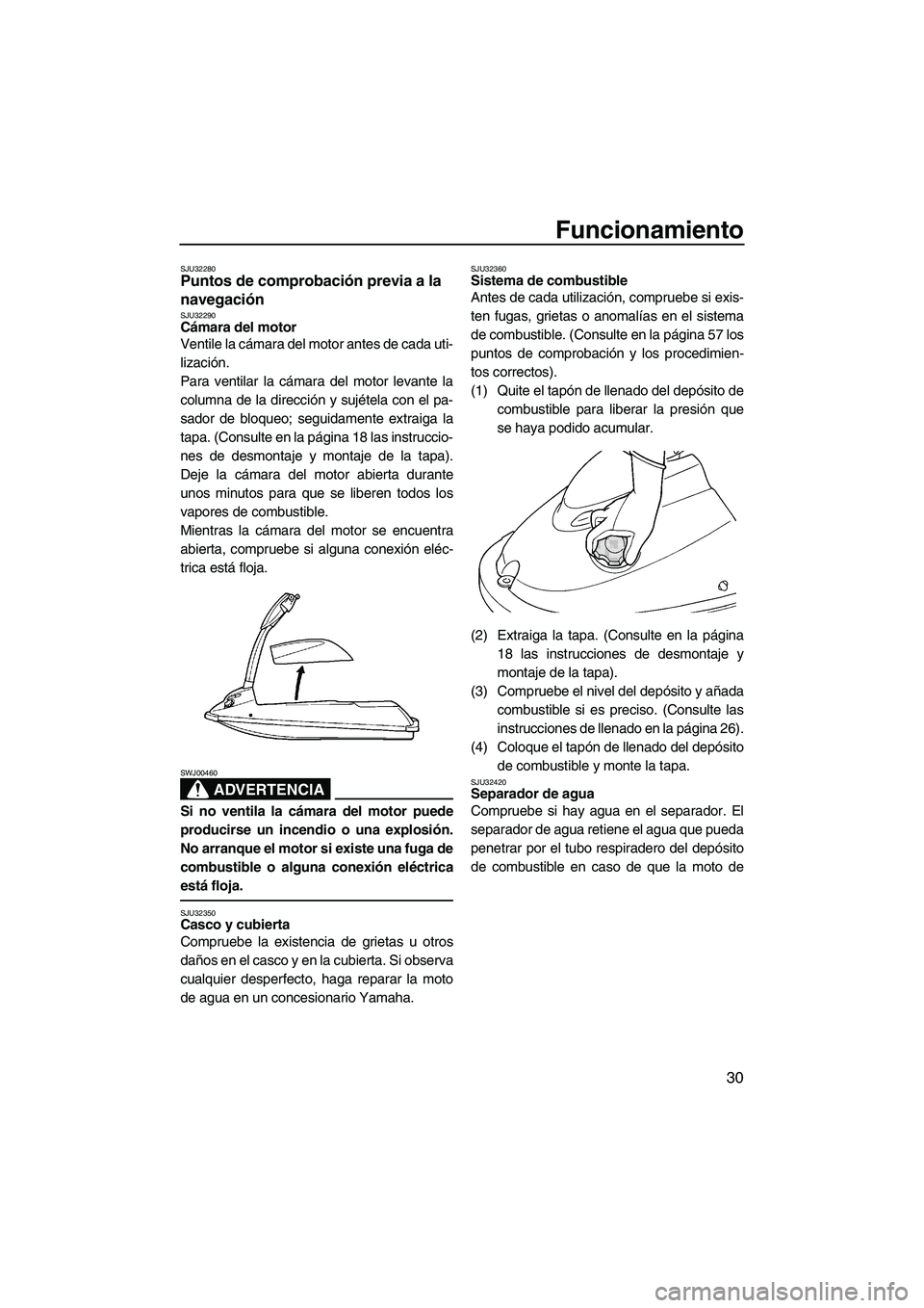 YAMAHA SUPERJET 2007  Manuale de Empleo (in Spanish) Funcionamiento
30
SJU32280Puntos de comprobación previa a la 
navegación 
SJU32290Cámara del motor 
Ventile la cámara del motor antes de cada uti-
lización.
Para ventilar la cámara del motor lev