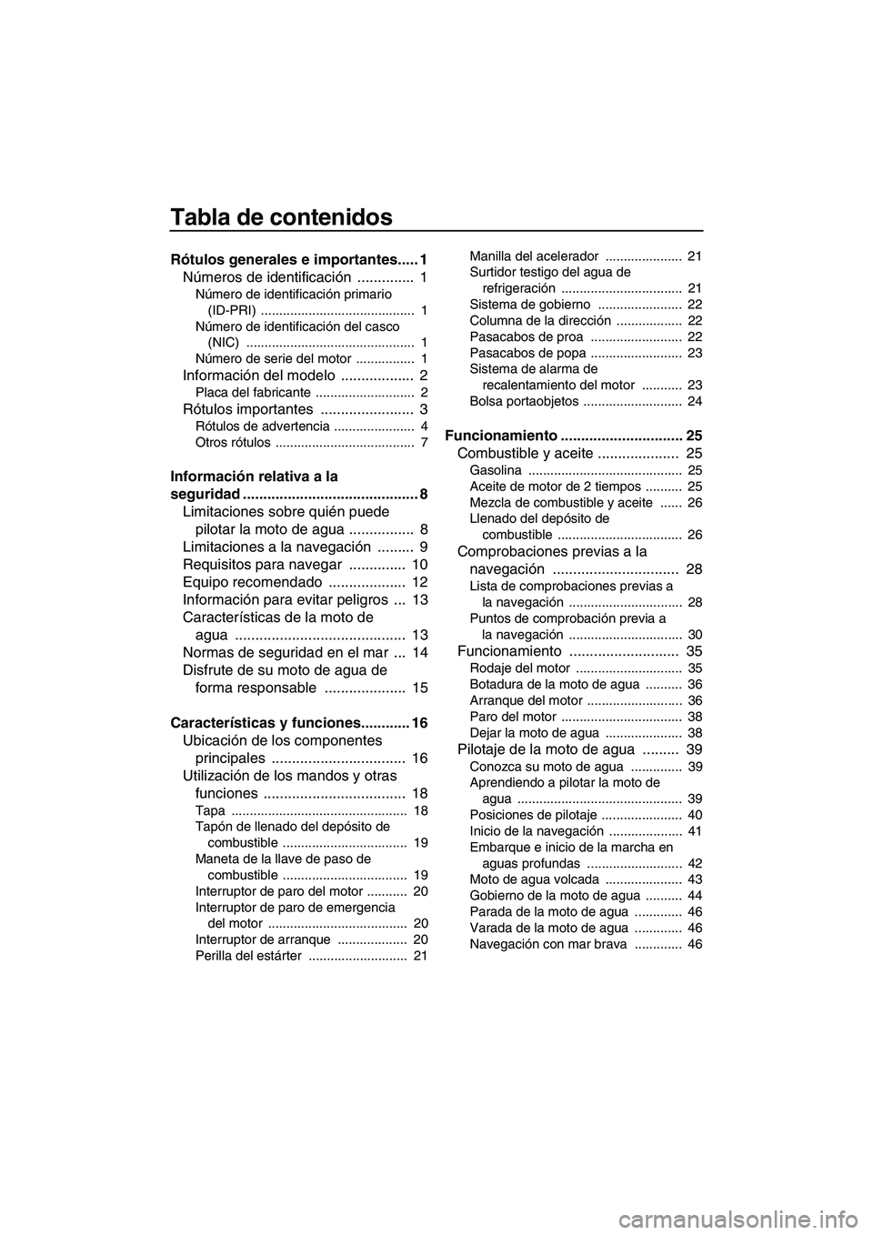 YAMAHA SUPERJET 2007  Manuale de Empleo (in Spanish) Tabla de contenidos
Rótulos generales e importantes..... 1
Números de identificación ..............  1
Número de identificación primario 
(ID-PRI) ..........................................  1
N�