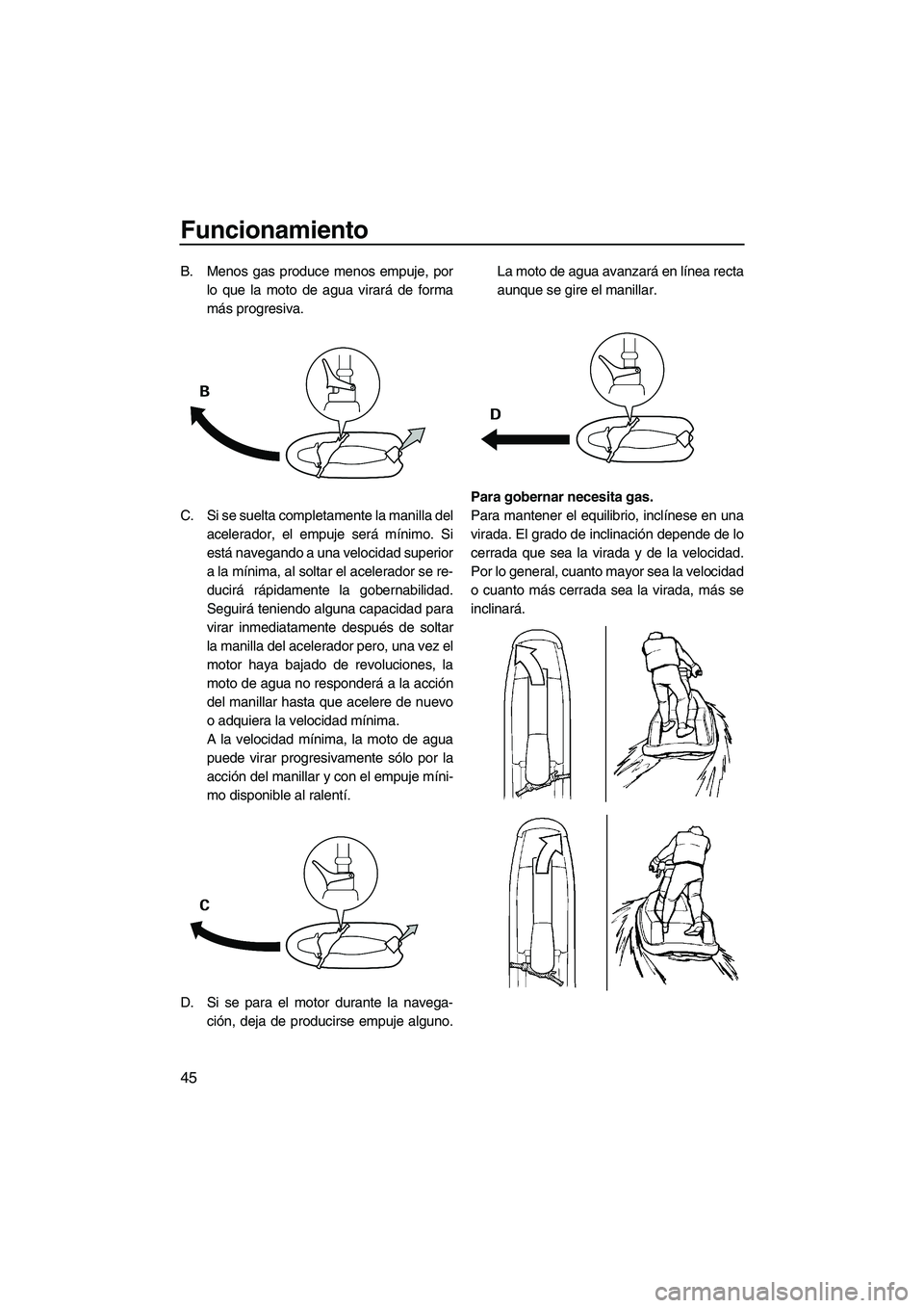 YAMAHA SUPERJET 2007  Manuale de Empleo (in Spanish) Funcionamiento
45
B. Menos gas produce menos empuje, por
lo que la moto de agua virará de forma
más progresiva.
C. Si se suelta completamente la manilla del
acelerador, el empuje será mínimo. Si
e