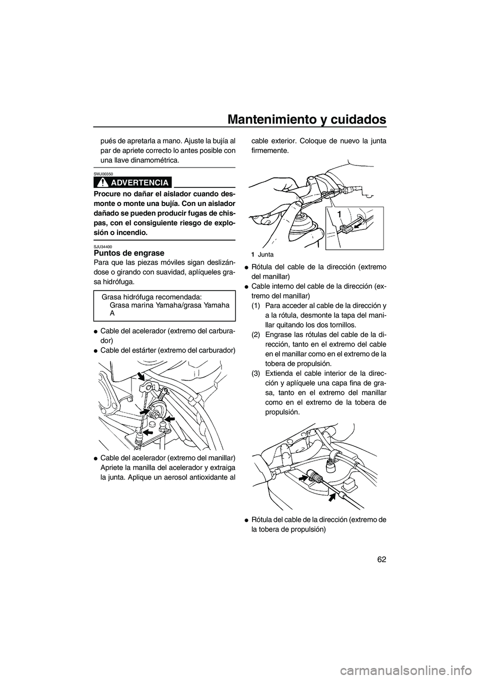 YAMAHA SUPERJET 2007  Manuale de Empleo (in Spanish) Mantenimiento y cuidados
62
pués de apretarla a mano. Ajuste la bujía al
par de apriete correcto lo antes posible con
una llave dinamométrica.
ADVERTENCIA
SWJ00350
Procure no dañar el aislador cua