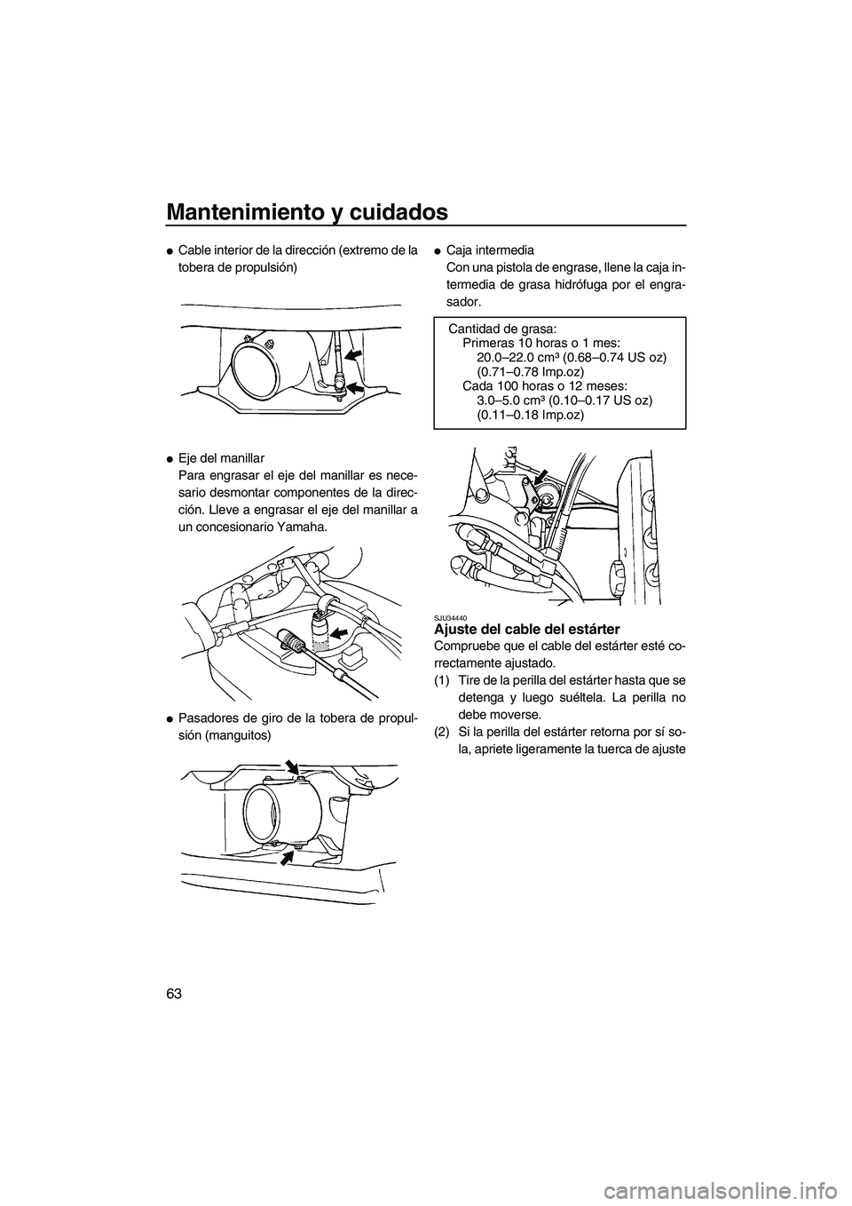 YAMAHA SUPERJET 2007  Manuale de Empleo (in Spanish) Mantenimiento y cuidados
63
Cable interior de la dirección (extremo de la
tobera de propulsión)
Eje del manillar
Para engrasar el eje del manillar es nece-
sario desmontar componentes de la direc-