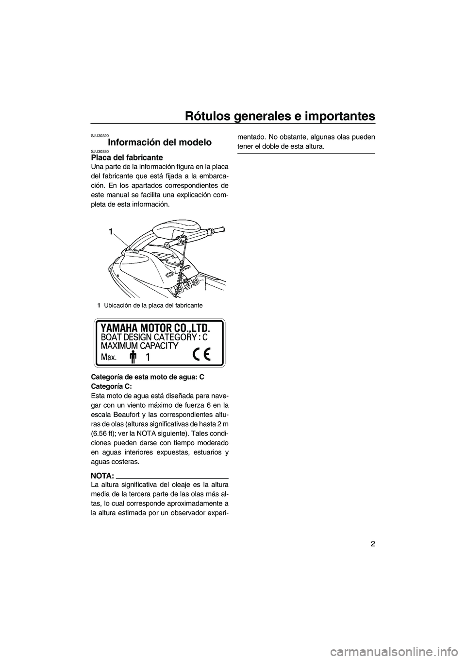 YAMAHA SUPERJET 2007  Manuale de Empleo (in Spanish) Rótulos generales e importantes
2
SJU30320
Información del modelo SJU30330Placa del fabricante 
Una parte de la información figura en la placa
del fabricante que está fijada a la embarca-
ción. E