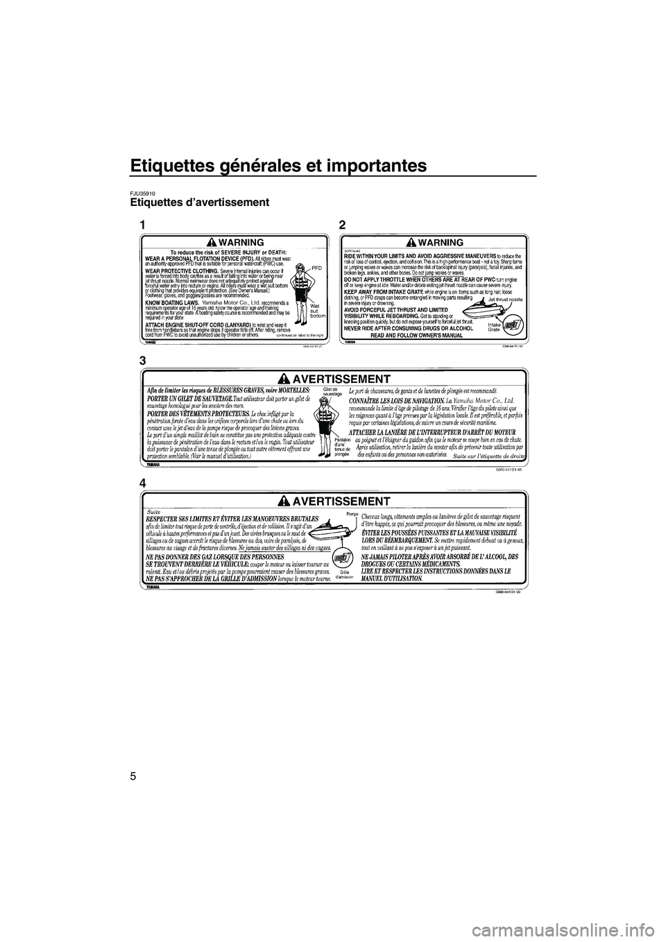 YAMAHA SUPERJET 2007  Notices Demploi (in French) Etiquettes générales et importantes
5
FJU35910Etiquettes d’avertissement 
UF1N75F0.book  Page 5  Tuesday, May 16, 2006  9:19 AM 