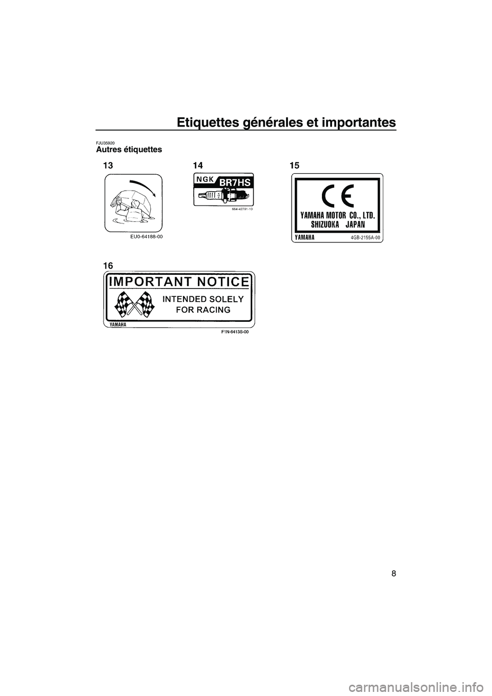 YAMAHA SUPERJET 2007  Notices Demploi (in French) Etiquettes générales et importantes
8
FJU35920Autres étiquettes 
UF1N75F0.book  Page 8  Tuesday, May 16, 2006  9:19 AM 