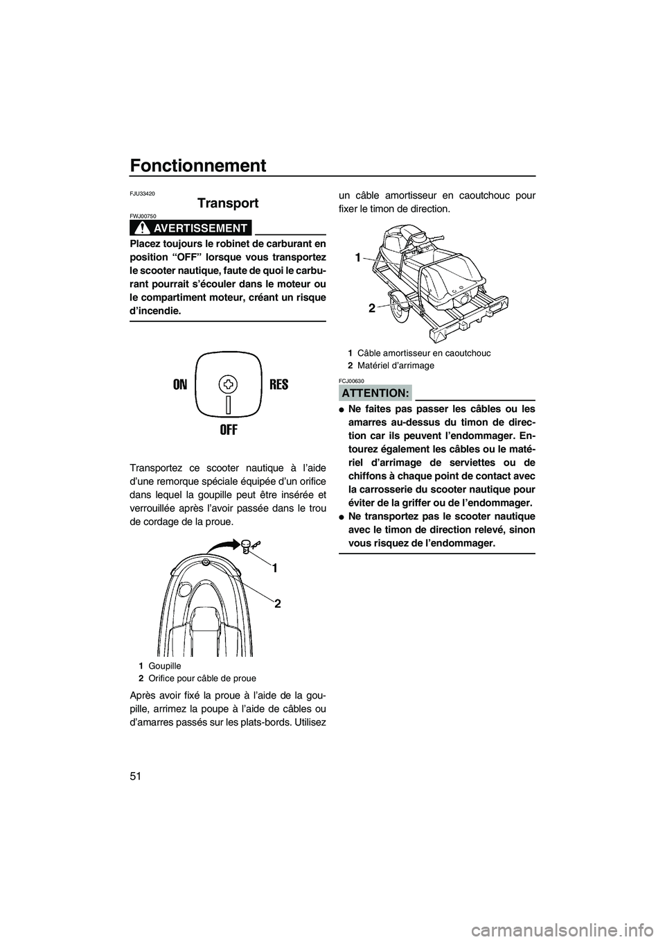 YAMAHA SUPERJET 2007 Notices Demploi (in French) Fonctionnement
51
FJU33420
Transport
AVERTISSEMENT
FWJ00750
Placez toujours le robinet de carburant en
position “OFF” lorsque vous transportez
le scooter nautique, faute de quoi le carbu-
rant po YAMAHA SUPERJET 2007 Notices Demploi (in French) Fonctionnement
51
FJU33420
Transport
AVERTISSEMENT
FWJ00750
Placez toujours le robinet de carburant en
position “OFF” lorsque vous transportez
le scooter nautique, faute de quoi le carbu-
rant po