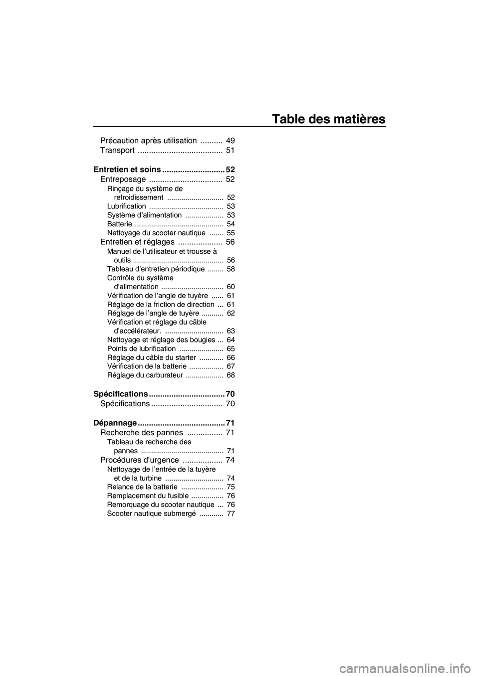 YAMAHA SUPERJET 2007 Notices Demploi (in French) Table des matières
Précaution après utilisation .......... 49
Transport ...................................... 51
Entretien et soins ............................ 52
Entreposage ................. YAMAHA SUPERJET 2007 Notices Demploi (in French) Table des matières
Précaution après utilisation .......... 49
Transport ...................................... 51
Entretien et soins ............................ 52
Entreposage .................