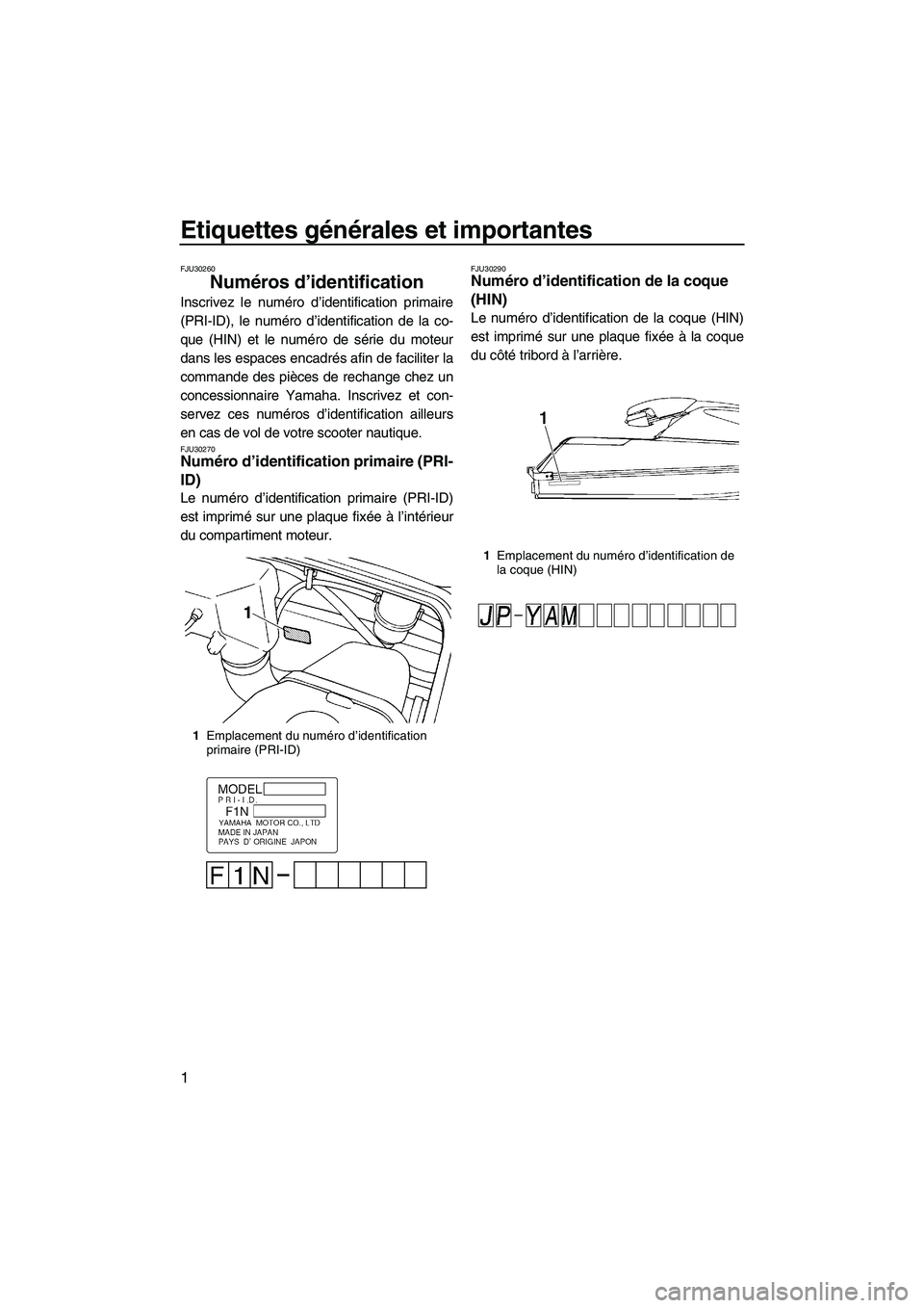 YAMAHA SUPERJET 2007  Notices Demploi (in French) Etiquettes générales et importantes
1
FJU30260
Numéros d’identification 
Inscrivez le numéro d’identification primaire
(PRI-ID), le numéro d’identification de la co-
que (HIN) et le numéro