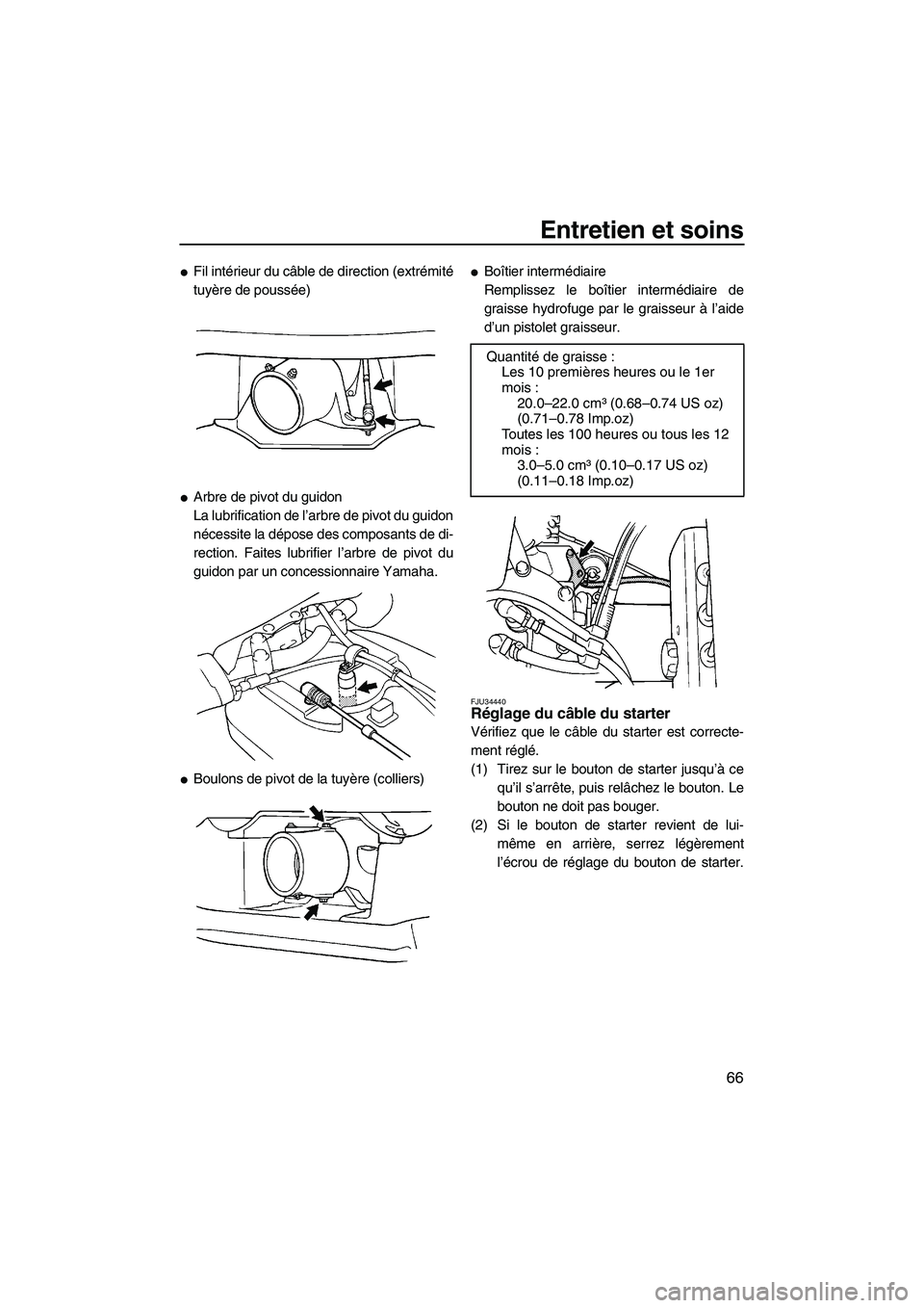 YAMAHA SUPERJET 2007  Notices Demploi (in French) Entretien et soins
66
Fil intérieur du câble de direction (extrémité
tuyère de poussée)
Arbre de pivot du guidon
La lubrification de l’arbre de pivot du guidon
nécessite la dépose des comp