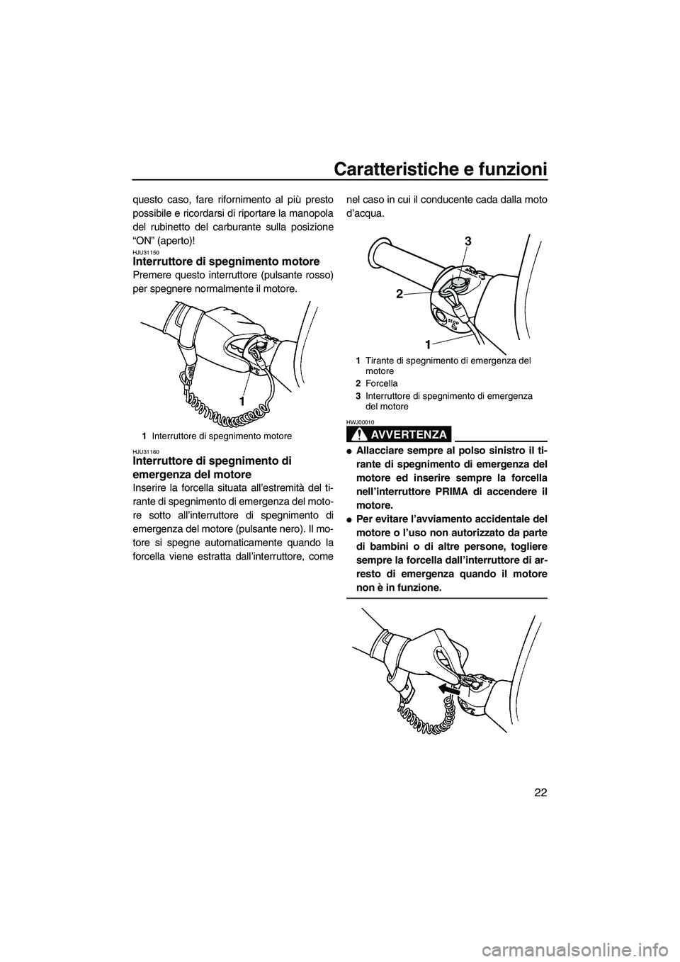 YAMAHA SUPERJET 2007  Manuale duso (in Italian) Caratteristiche e funzioni
22
questo caso, fare rifornimento al più presto
possibile e ricordarsi di riportare la manopola
del rubinetto del carburante sulla posizione
“ON” (aperto)!
HJU31150Inte