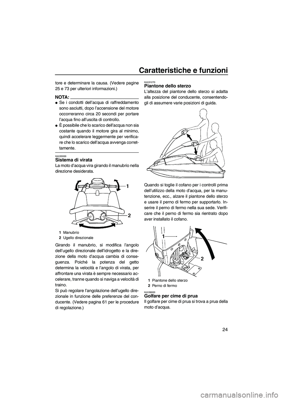 YAMAHA SUPERJET 2007  Manuale duso (in Italian) Caratteristiche e funzioni
24
tore e determinare la causa. (Vedere pagine
25 e 73 per ulteriori informazioni.)
NOTA:
Se i condotti dell’acqua di raffreddamento
sono asciutti, dopo l’accensione de