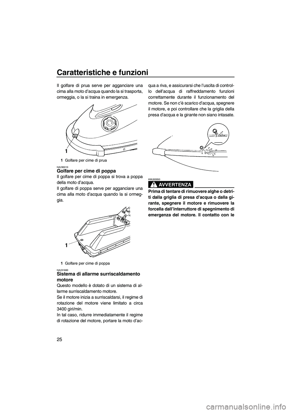 YAMAHA SUPERJET 2007  Manuale duso (in Italian) Caratteristiche e funzioni
25
Il golfare di prua serve per agganciare una
cima alla moto d’acqua quando la si trasporta,
ormeggia, o la si traina in emergenza.
HJU36010Golfare per cime di poppa 
Il 