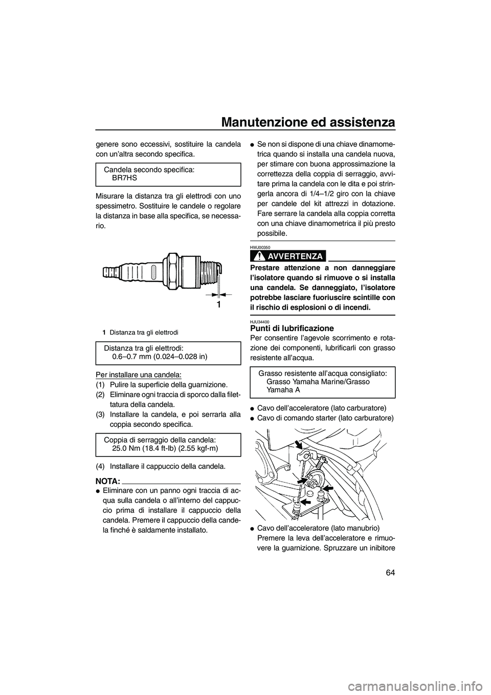 YAMAHA SUPERJET 2007  Manuale duso (in Italian) Manutenzione ed assistenza
64
genere sono eccessivi, sostituire la candela
con un’altra secondo specifica.
Misurare la distanza tra gli elettrodi con uno
spessimetro. Sostituire le candele o regolar