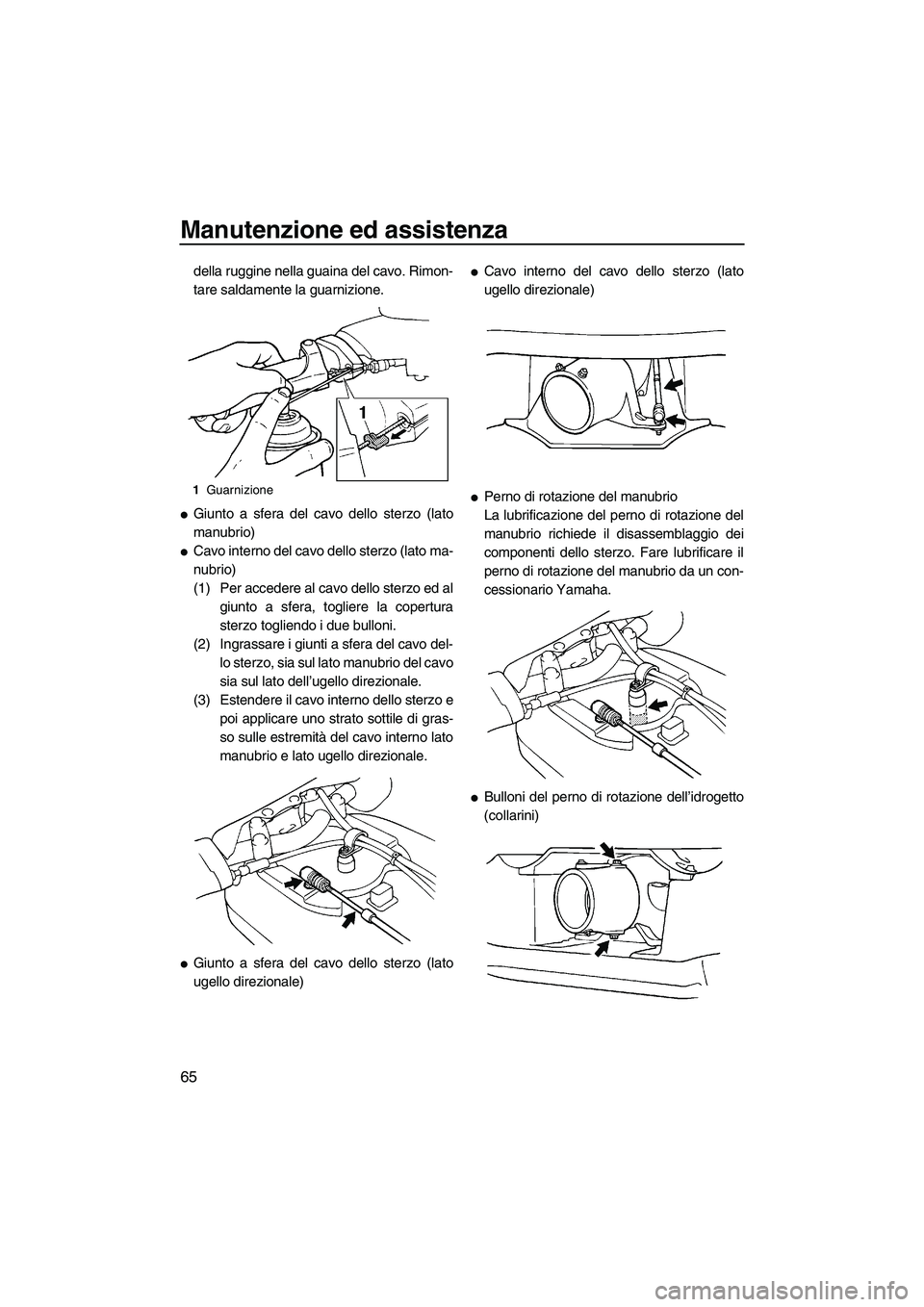 YAMAHA SUPERJET 2007  Manuale duso (in Italian) Manutenzione ed assistenza
65
della ruggine nella guaina del cavo. Rimon-
tare saldamente la guarnizione.
Giunto a sfera del cavo dello sterzo (lato
manubrio)
Cavo interno del cavo dello sterzo (lat