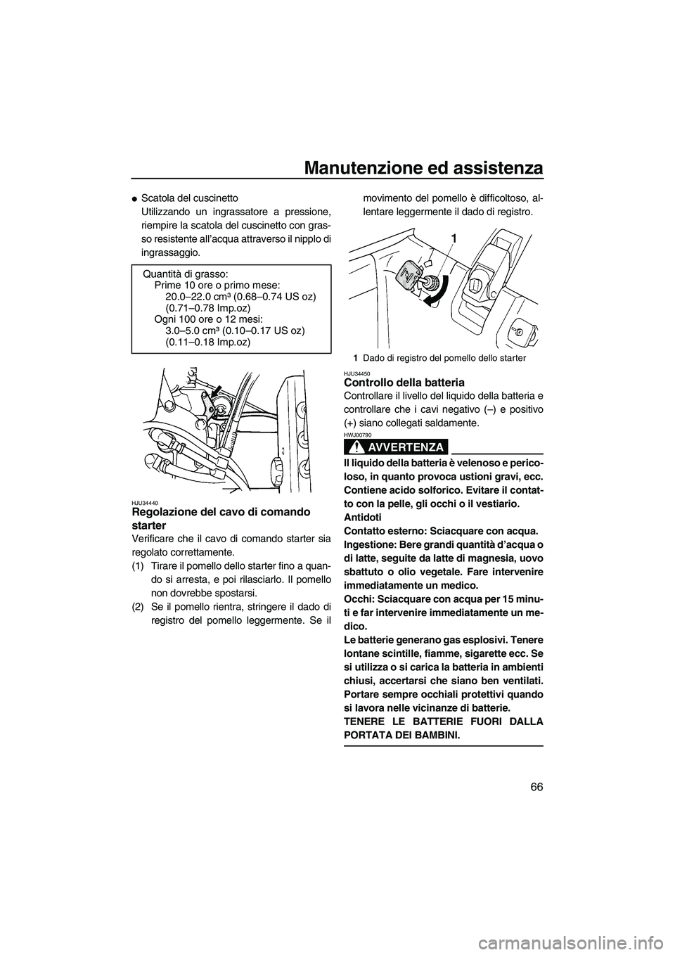 YAMAHA SUPERJET 2007  Manuale duso (in Italian) Manutenzione ed assistenza
66
Scatola del cuscinetto
Utilizzando un ingrassatore a pressione,
riempire la scatola del cuscinetto con gras-
so resistente all’acqua attraverso il nipplo di
ingrassagg