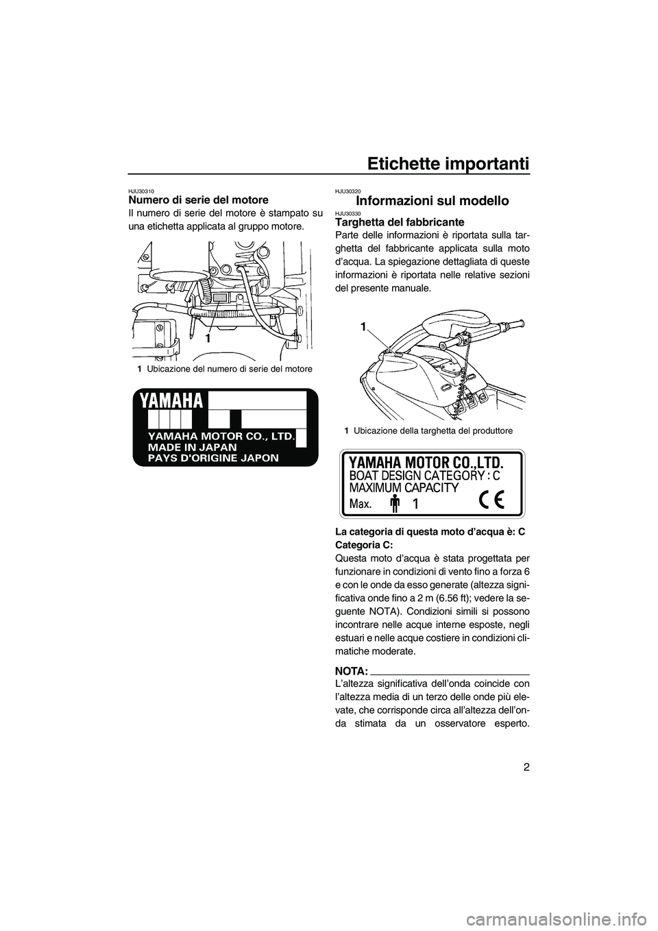 YAMAHA SUPERJET 2007  Manuale duso (in Italian) Etichette importanti
2
HJU30310Numero di serie del motore 
Il numero di serie del motore è stampato su
una etichetta applicata al gruppo motore.
HJU30320
Informazioni sul modello HJU30330Targhetta de